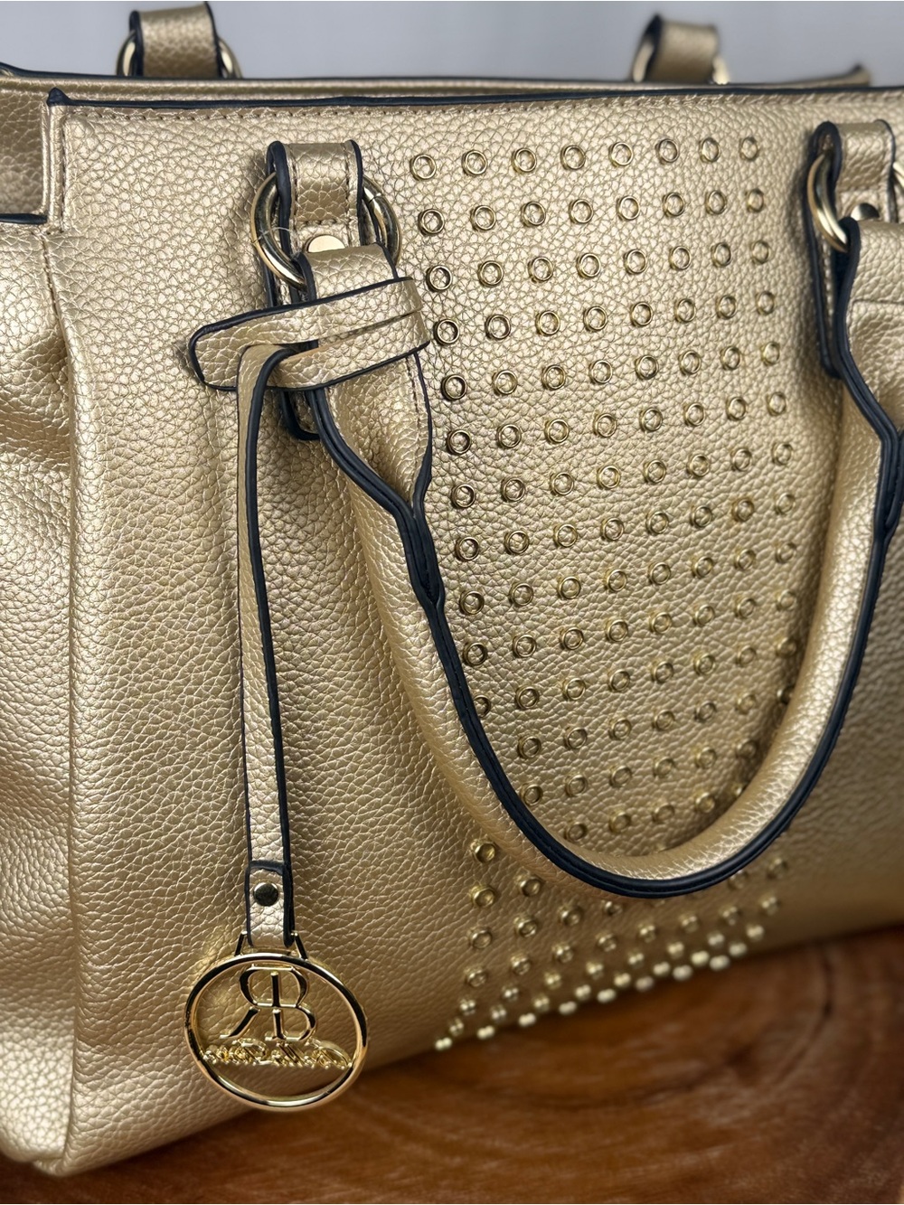 Bella Rose Gold Metallic Grommet Studded Satchel Crossbody Shoulder Tote Bag EUC